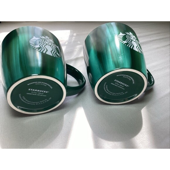 Starbucks Coffee Mugs 12oz 2022 Green Brush Stroke Marble-Set of 2 Mugs Mermaid - Picture 4 of 6